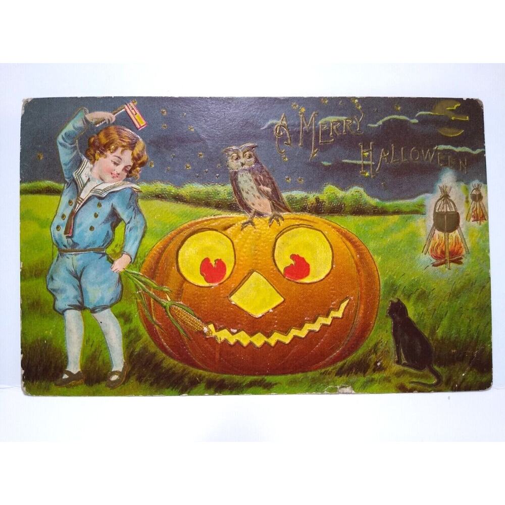 Victorian Halloween Postcard Fantasy Child JOL US Flag Black Cat Owl Cauldrons
